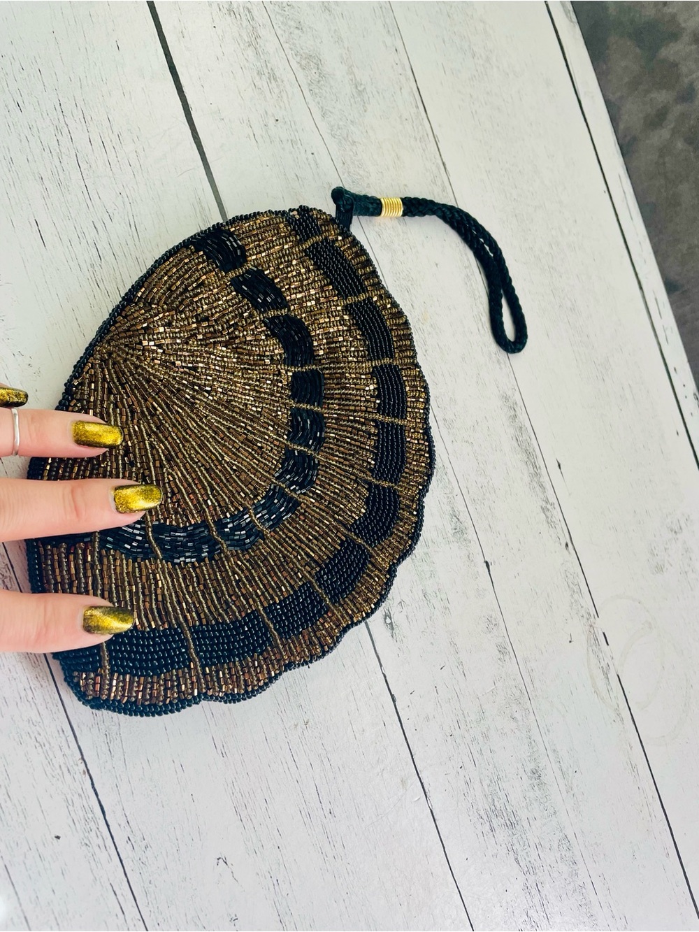 Vintage Gold & Black Beaded Wristlet Clutch - seashell bag